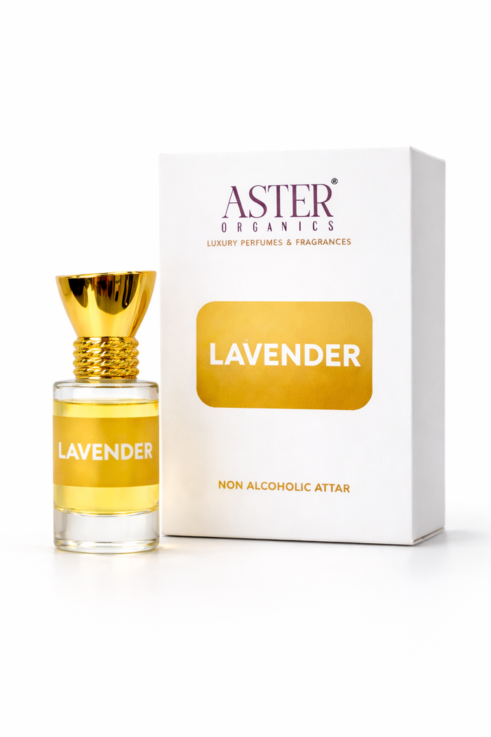 Aster Organics lavender perfume bottle and packaging on a white background