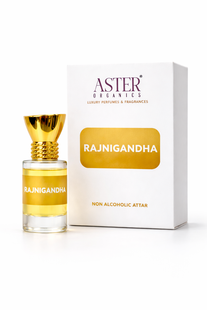 Aster Organics Rajnigandha perfume bottle and packaging on a white background