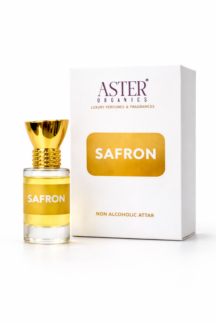 Aster Organics Safron perfume bottle and packaging on a white background