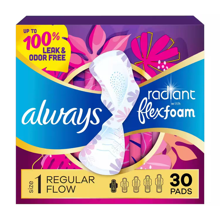 Always Radiant FlexFoam Pads with Wings, Scented, Size 1 30 Ct – 6 Pack