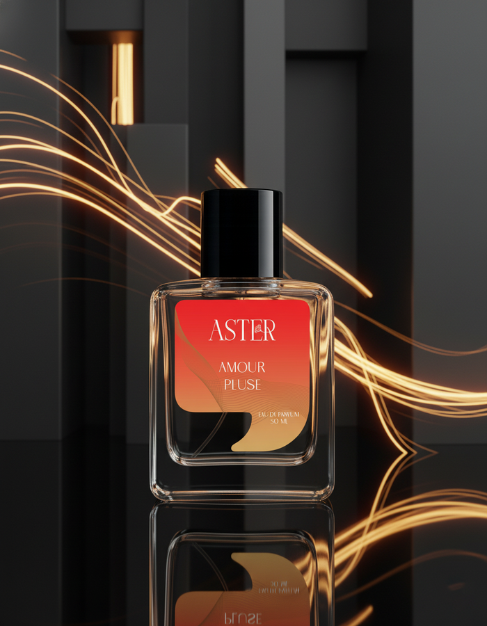 Perfume bottle with red label and black cap on a reflective surface with abstract gold lines.