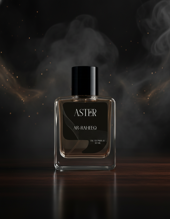 Aster perfume bottle on a dark background with smoke effects