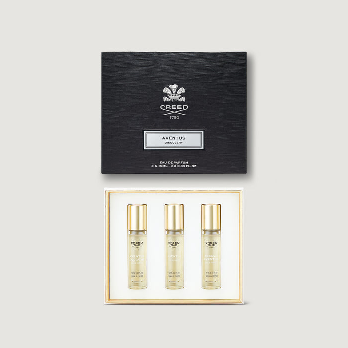 Creed Aventus Discovery Set - open coffret revealing Aventus, Aventus Cologne & Absolu Aventus 10ml | Creed Boutique