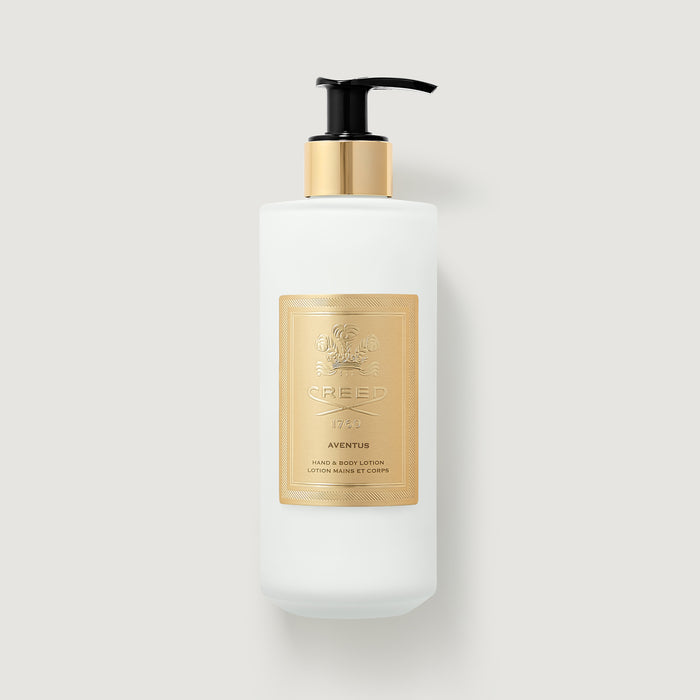 White pump bottle with gold label - Creed Aventus Hand & Body Lotion 300ml - Front View | Creed Boutique