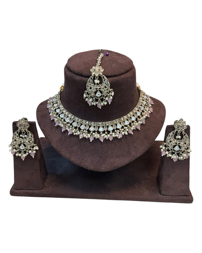 Baby Pink - Large Size Antique Gold Finish Necklace Set with Earrings & Tika Head Piece - GGA02 KA0525