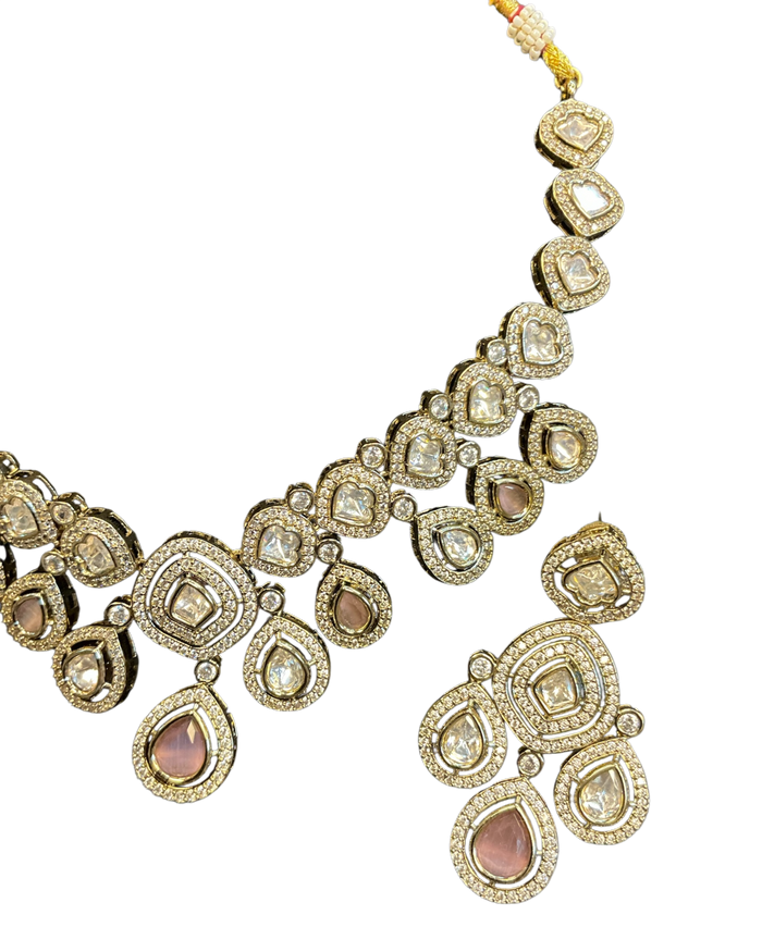 Baby Pink - Medium Size Antique Gold Finish Choki Necklace Set with Earrings - Bollywood - AVON-KU1788 08VT25
