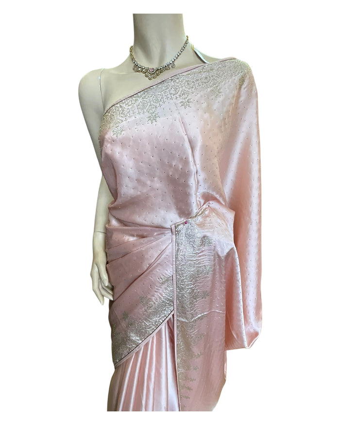 Baby Pink - Stone Work Satin Saree with Blouse Piece - UK stock - 24hr Dispatch - SP250423 VP