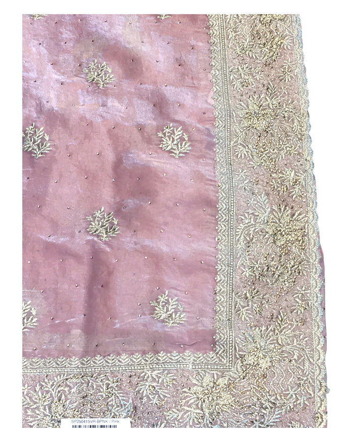 Baby Pink - Tissue Crepe - Party Wear Embroidered Saree with Blouse Piece - SP2504015 VR