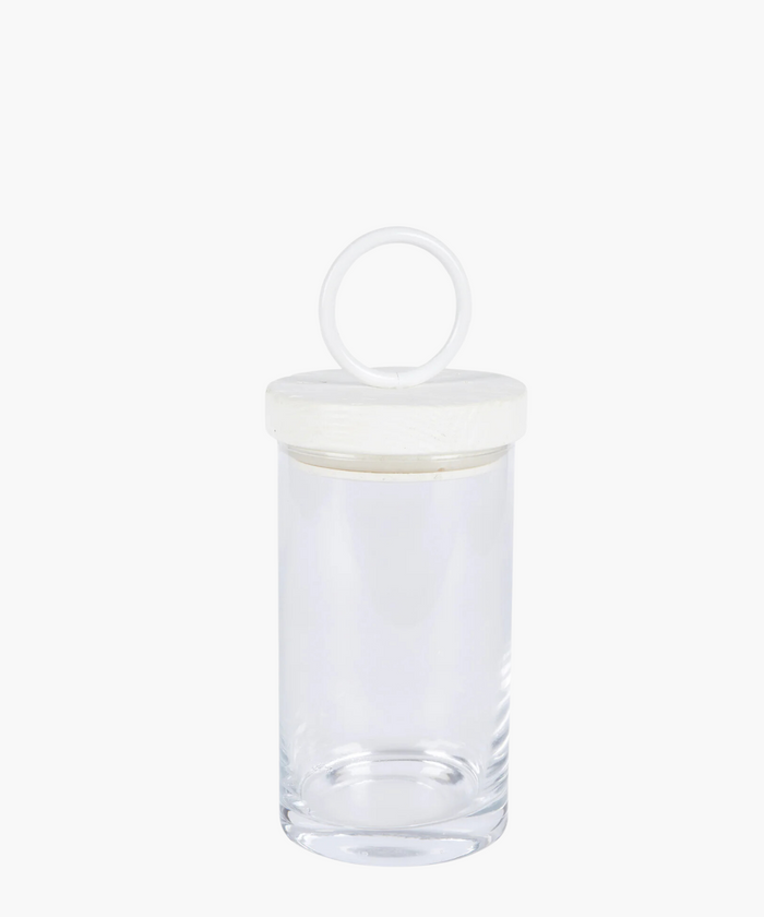 Clear glass jar with a round, white iron and reclaimed wood lid featuring a loop handle. The jar is empty, showcasing its clean and minimalist design. | Wildwood Home Co.