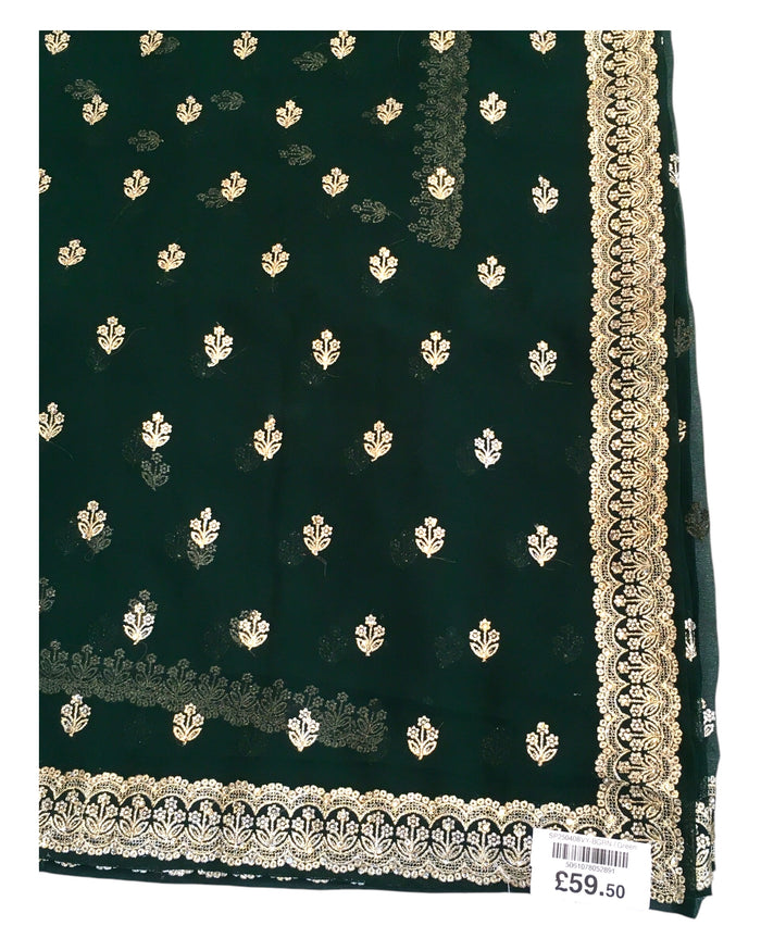 Bottle Green - Chiffon - Party Wear Embroidered Saree with Blouse Piece - SP2504008 VY