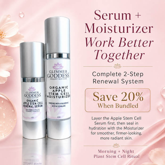 Glimmer Goddess Organic Skin Care Cellular Renewal Duo featuring apple stem cell serum and moisturizer in a skincare set.