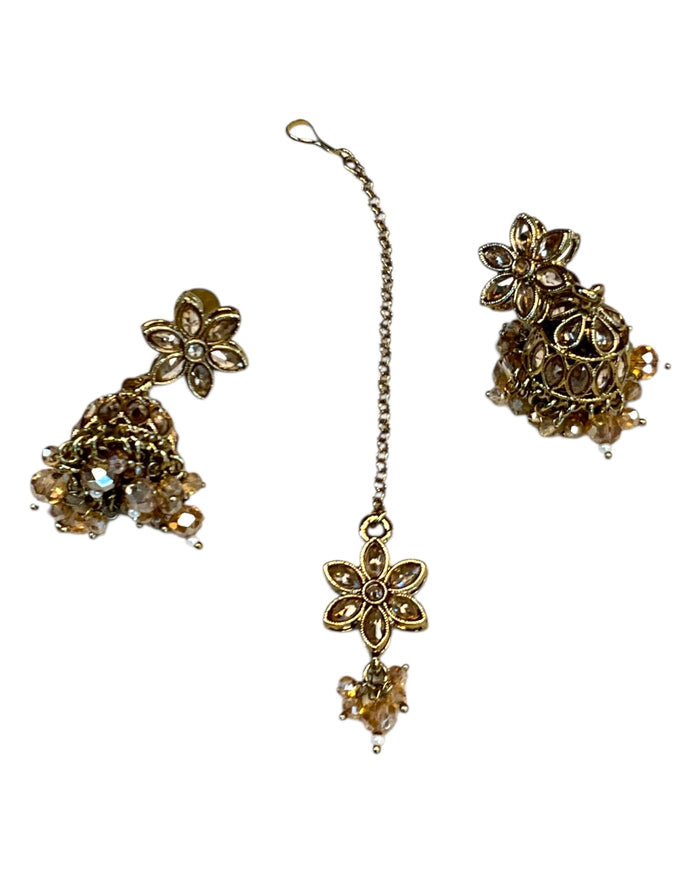 Champagne / Crystal - Medium Size Antique Gold Finish Long Necklace Set with Earrings - RAK411 H 0525