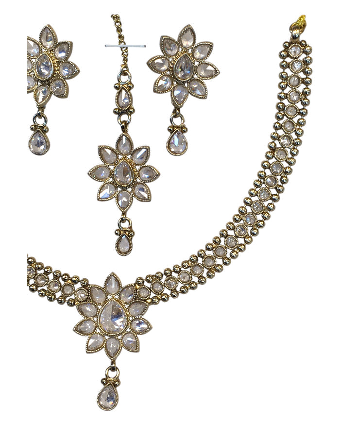 Clear - Medium Size Antique Gold Finish Necklace Set with Earrings & Head Piece /Tika- SLV80 11H24
