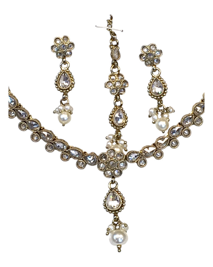 Clear - Small Size Antique Gold Finish Necklace Set with Earrings & Head Piece /Tika- SLV78 11Ap24