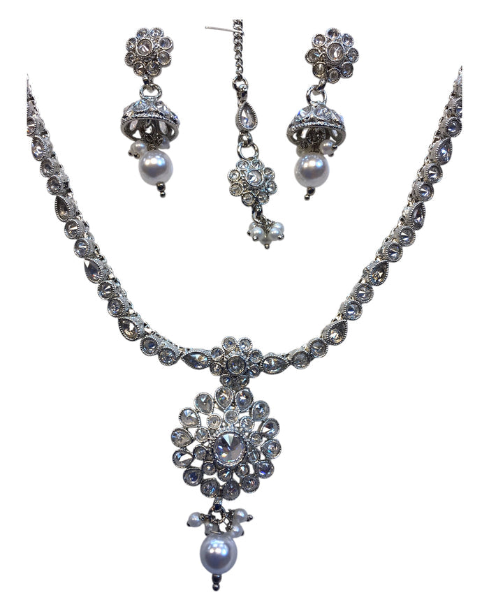 Clear - Small Size Silver Finish Necklace Set with Earrings & Head Piece /Tika- SLV79 11A24