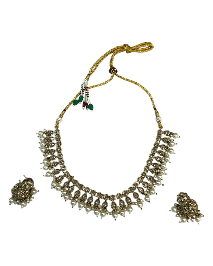 Clear / White - Medium Size Antique Gold Finish Necklace Set with Earrings - RAK381 Rp