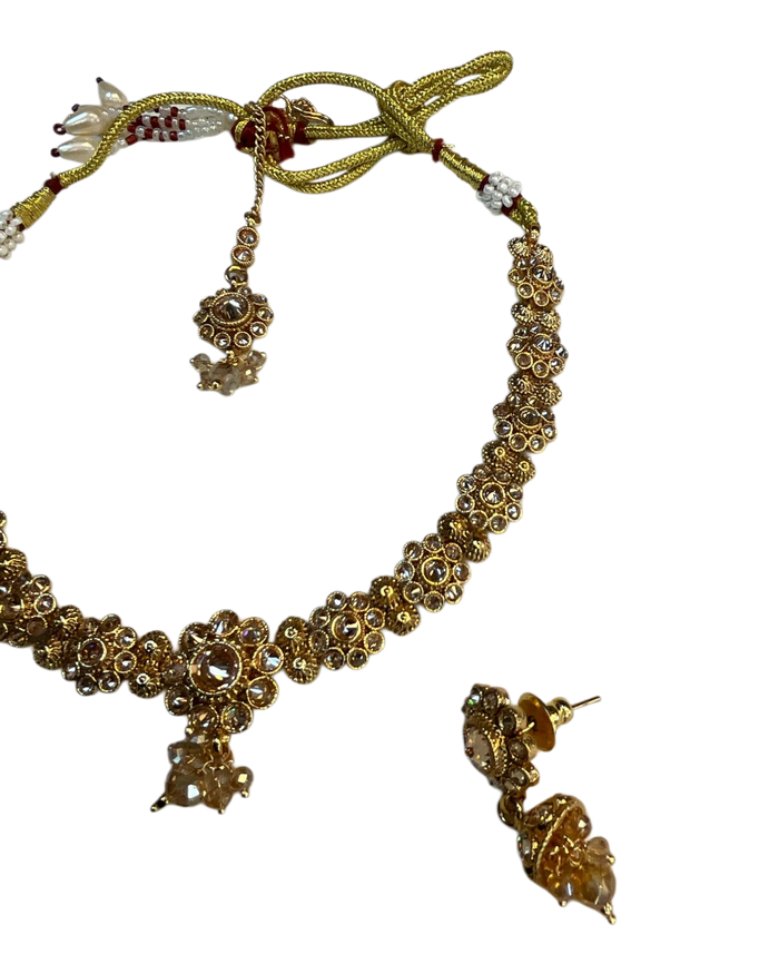 Crystal - Medium Size Gold Finish Necklace Set with Earrings & Head Piece - SLV90 04Cp26