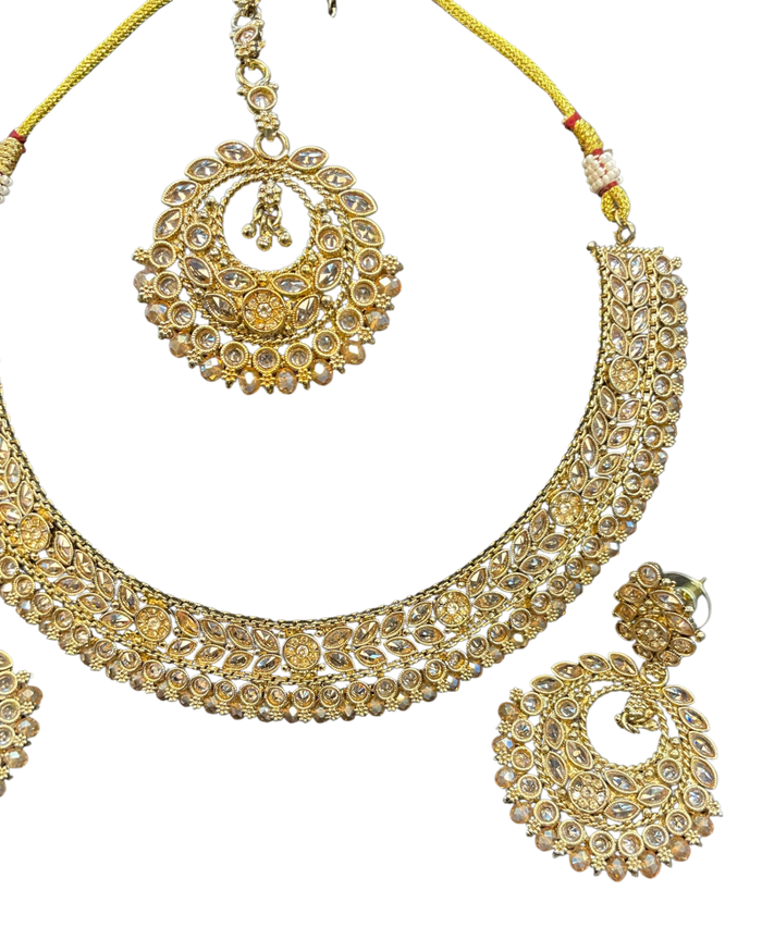 Crystal / Neutral - Medium Size Antique Gold Finish Necklace Set with Earrings - SJ07 08KY25