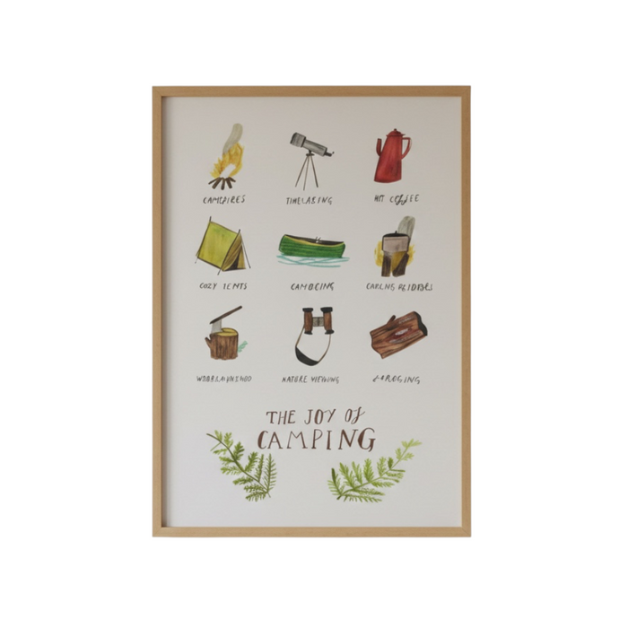 Dick Vincent Joy of Camping print, 11.7x8.3″, watercolor art with captions, framed wall decor for camping lovers.