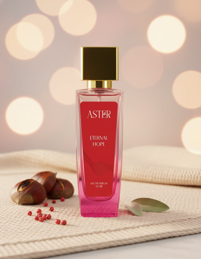 Perfume bottle labeled 'Aster Eternal Hope' on a textured surface with blurred lights in the background