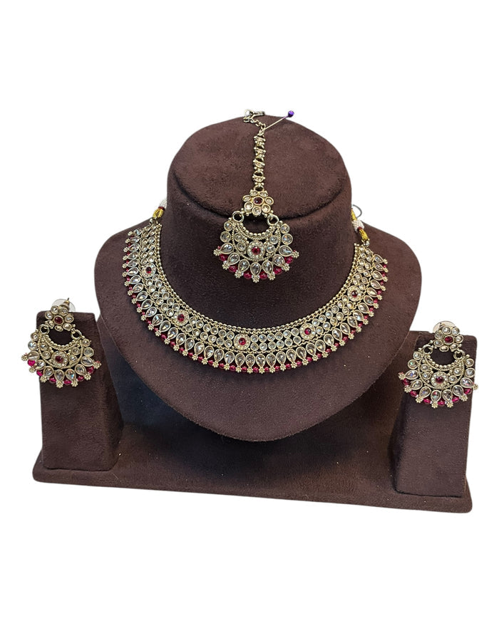 Fuchsia - Large Size Antique Gold Finish Necklace Set with Earrings - SJ01 KVp