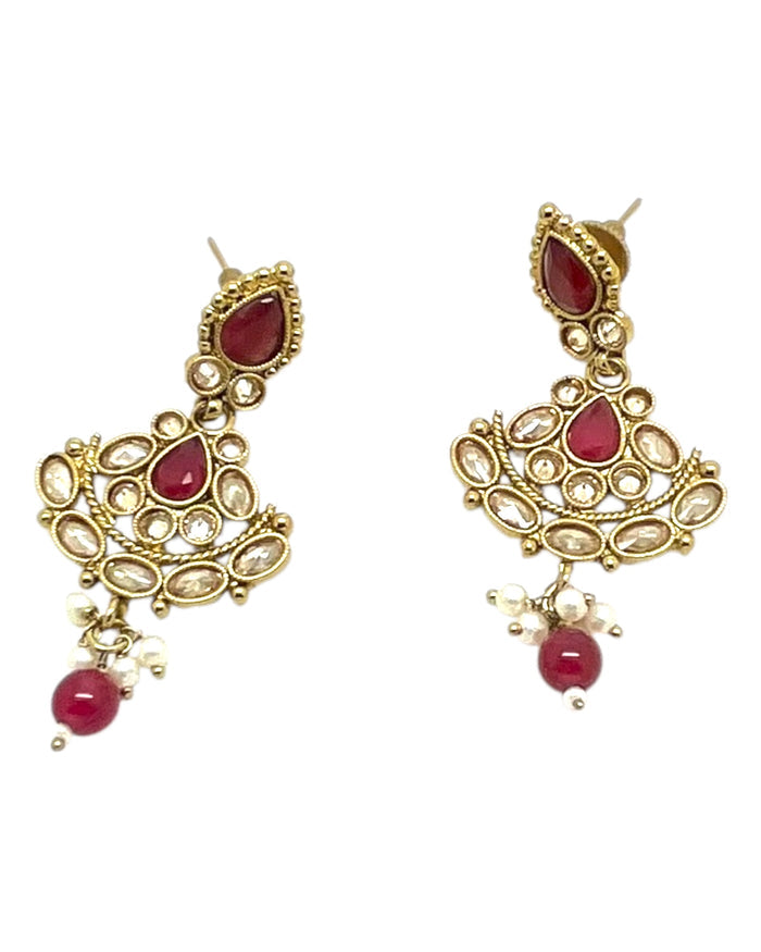 Fuchsia / Magenta / Dark Pink - Small Size Antique Gold Finish Necklace Set with Earrings - Bollywood - AE2518 08A25