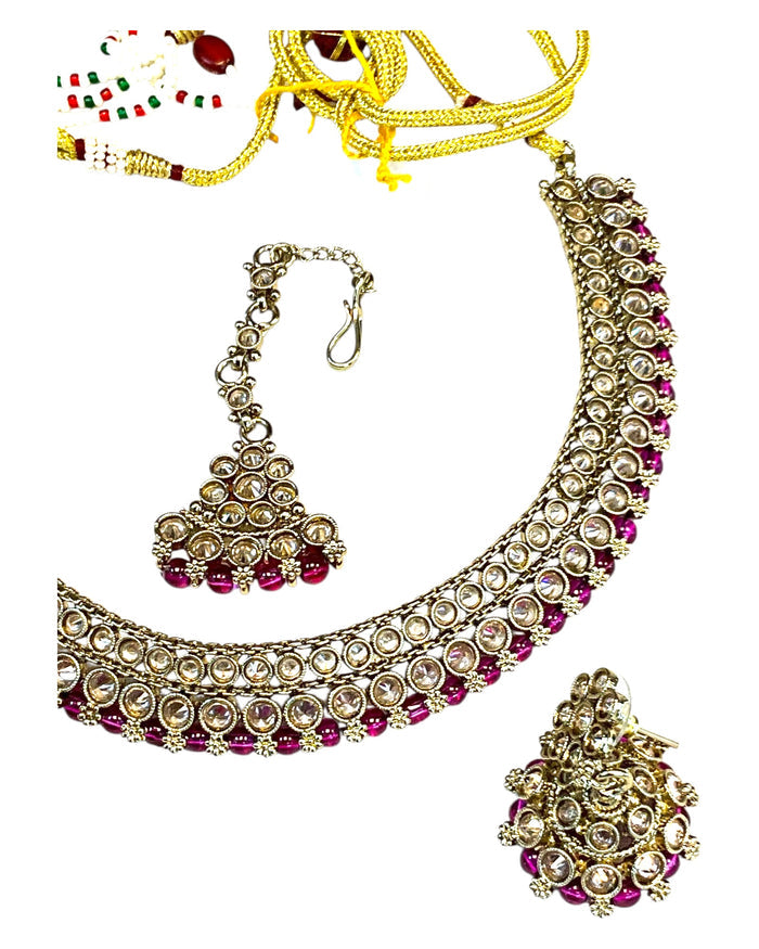 Fuchsia / Magenta Pink - Medium Size Antique Gold Finish Necklace Set with Earrings & Tika Head piece - SAJ03 08C25