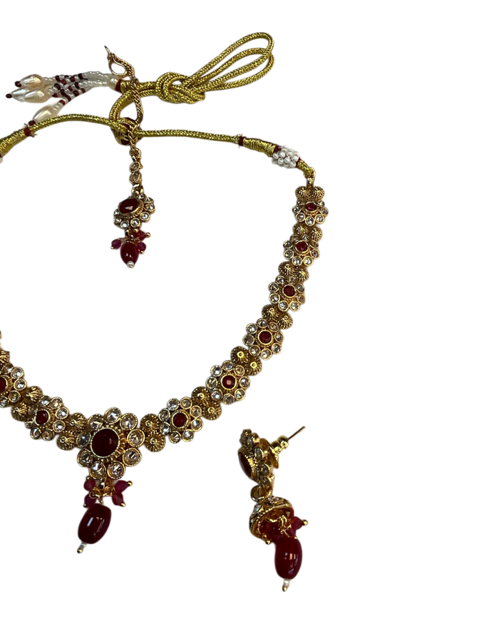 Fuchsia / Magenta / Ruby - Medium Size Gold Finish Necklace Set with Earrings & Head Piece - SLV90 04Cp26