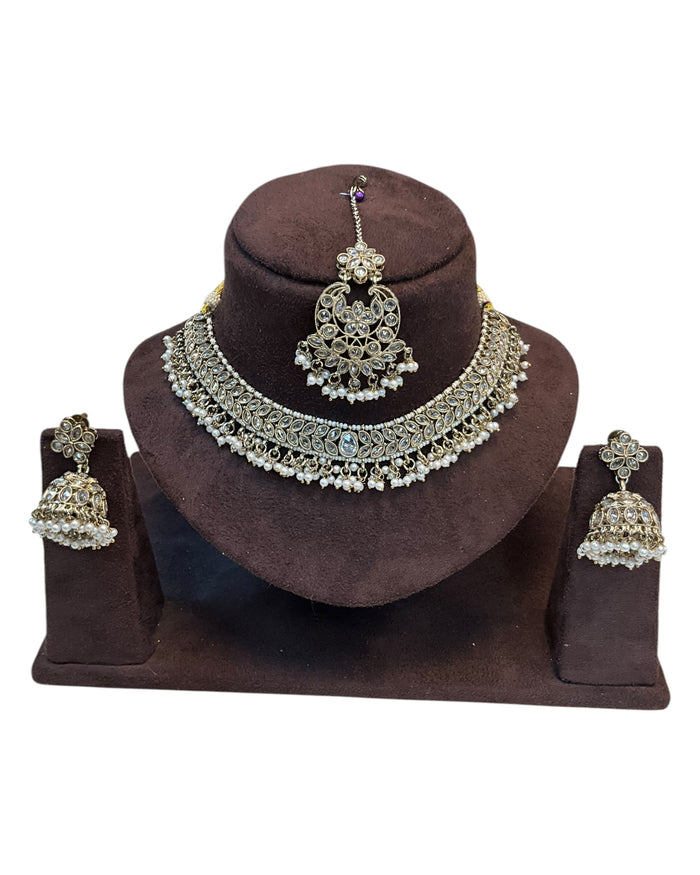 Gold / Neutral - Medium Size Antique Gold Finish Necklace Set with Earrings & Tika Head piece - GGA05 KV 052