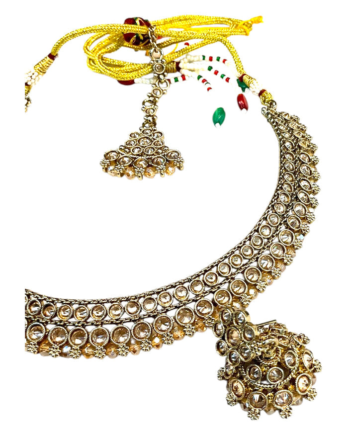 Gold / Neutral - Medium Size Antique Gold Finish Necklace Set with Earrings & Tika Head piece - SAJ03 C 0825