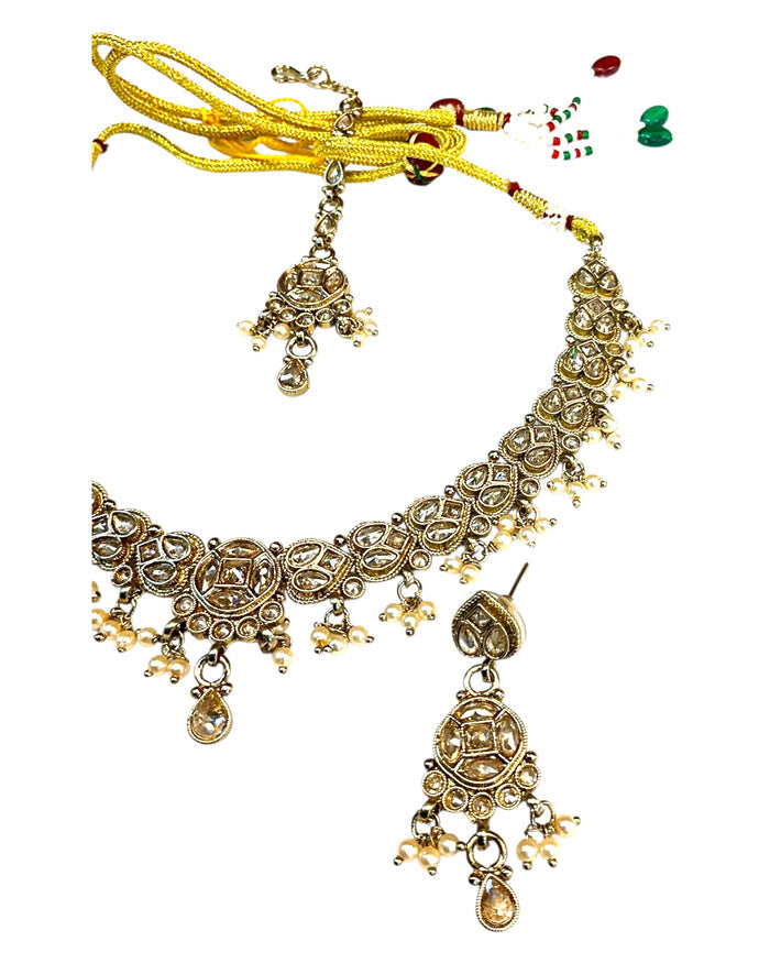 Gold / Neutral - Medium Size Antique Gold Finish Necklace Set with Earrings & Tika Head piece - SAJ04 08C25