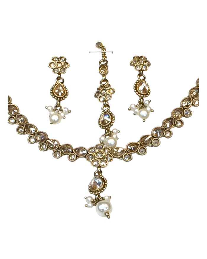 Gold / Neutral - Small Size Antique Gold Finish Necklace Set with Earrings & Head Piece /Tika- SLV78 11Ap24