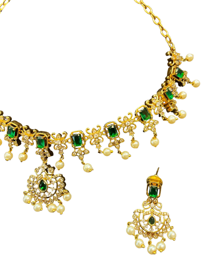 Green - Medium - Antique Gold Finish Necklace Set with Earrings & - AE2523 08KY25