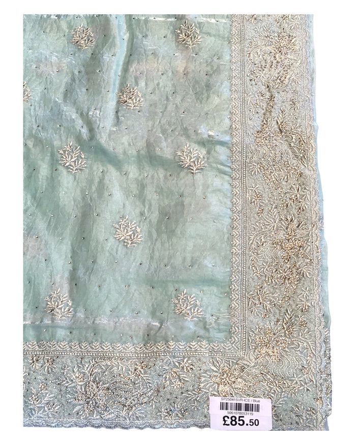 Ice Blue - Tissue Crepe - Party Wear Embroidered Saree with Blouse Piece - SP2504015 VR