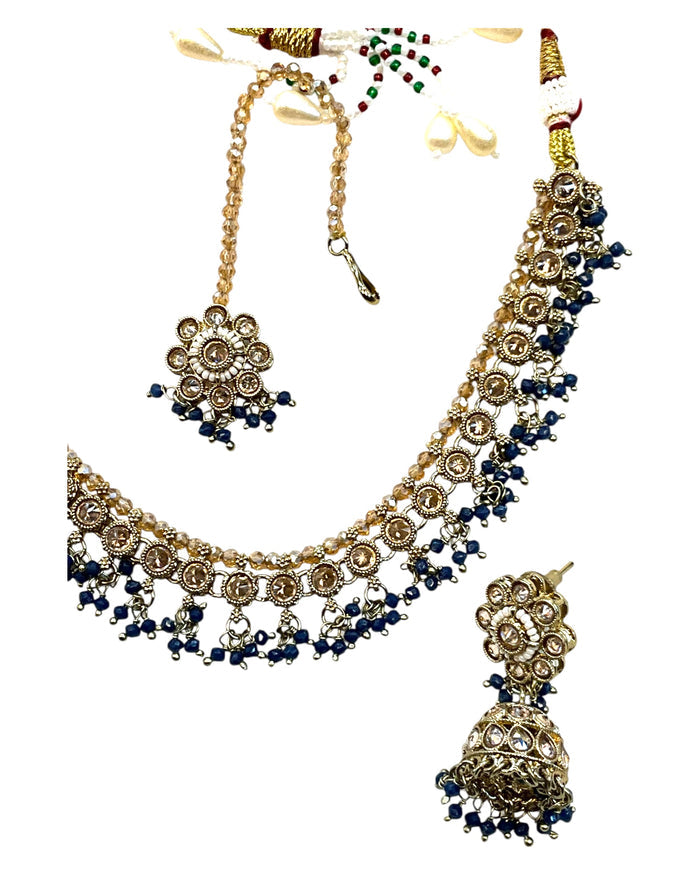 Jade Green - Medium Size Antique Gold Finish Necklace Set with Earrings & Head Piece - RAK417 08R25
