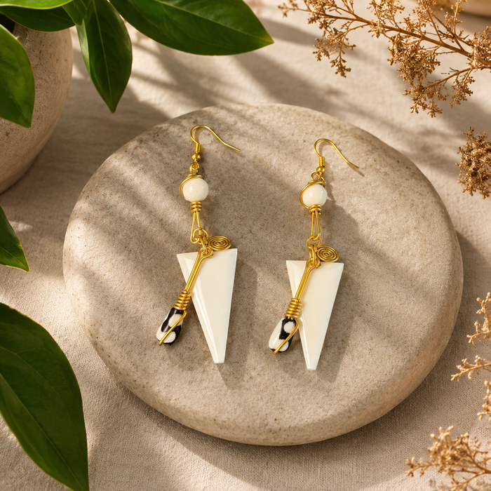 Kenyan Africa Statement Earrings - Bone and Brass