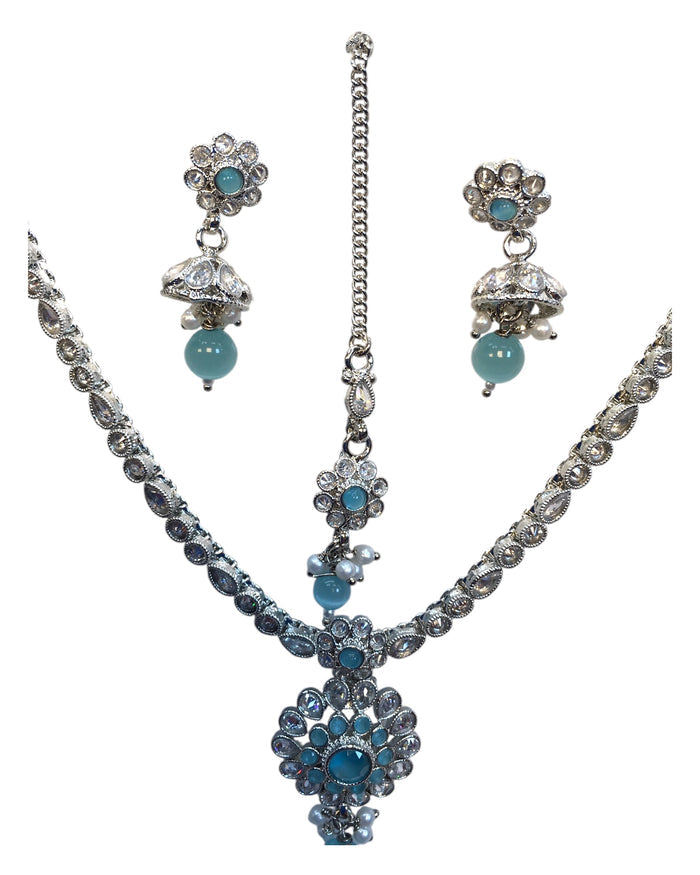 Light Blue - Small Size Silver Finish Necklace Set with Earrings & Head Piece /Tika- SLV79 11A24
