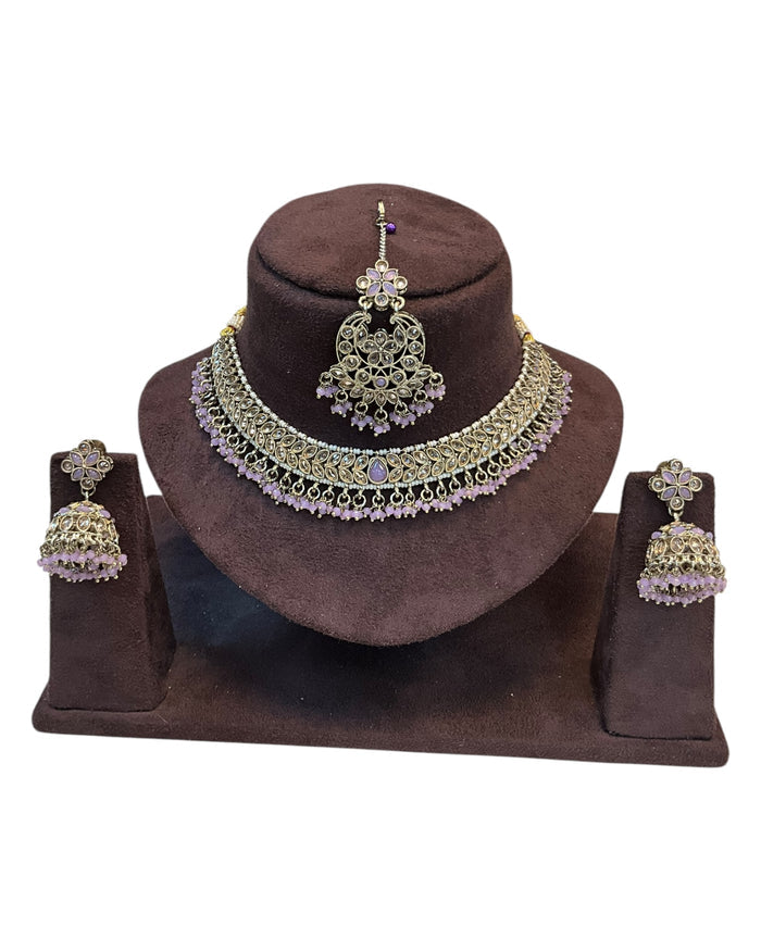 Lilac - Medium Size Antique Gold Finish Necklace Set with Earrings & Tika Head piece - GGA05 KV 0525