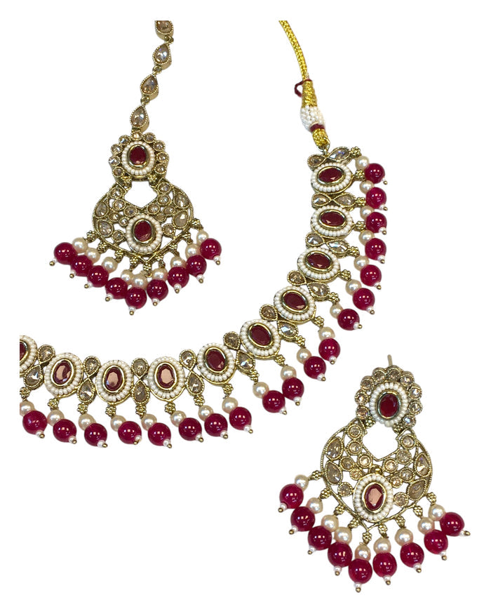 Magenta - Antique Gold Finish Necklace & Earrings Set - Bollywood - Weddings - KAJ996 11KT24