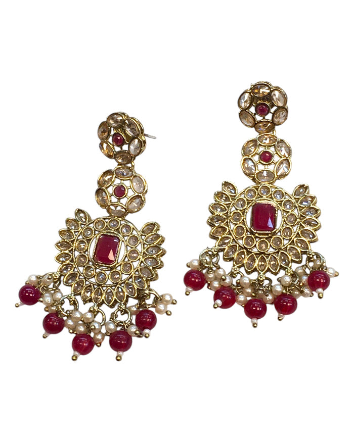 Magenta - Large - Antique Gold Finish Traditional Earrings - Bollywood - Weddings - PRI1773 11Tp24