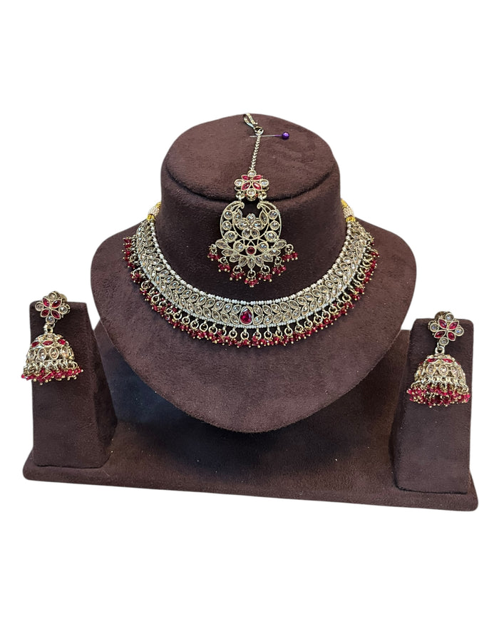 Magenta - Medium Size Antique Gold Finish Necklace Set with Earrings & Tika Head piece - GGA05 KV 0525