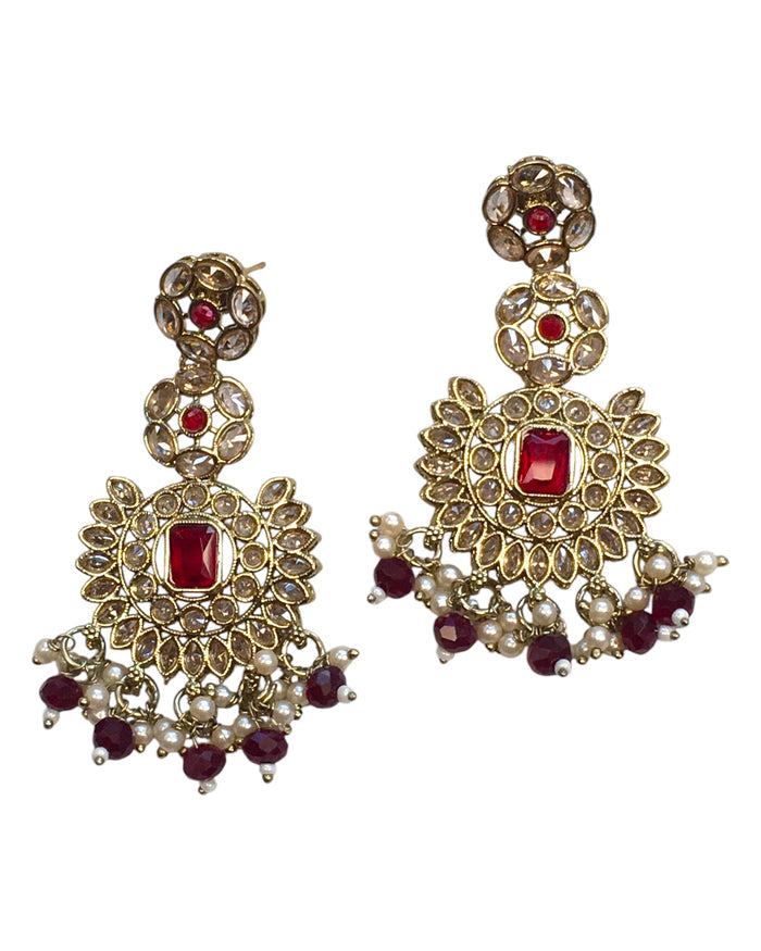 Maroon - Large - Antique Gold Finish Traditional Earrings - Bollywood - Weddings - PRI1773 11Tp24