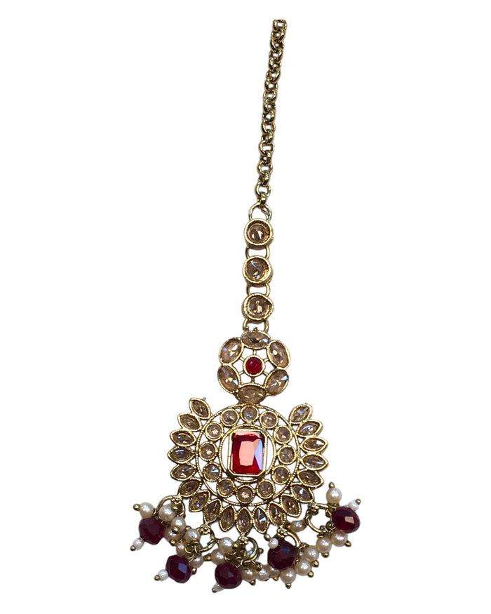 Maroon - Large - Antique Gold Finish Traditional Tika Head piece - Bollywood - Weddings - PRI1773 11V24