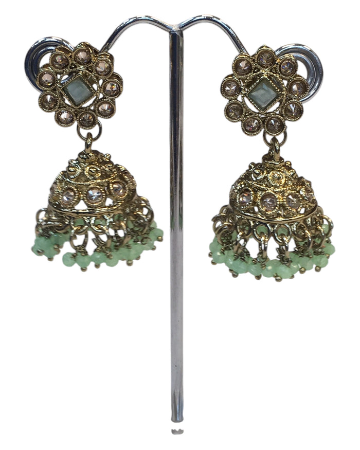 Mint Green - Medium Size Antique Gold Finish Necklace Set with Earrings - PRI1786 11H24