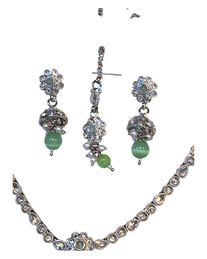 Mint Green - Small Size Silver Finish Necklace Set with Earrings & Head Piece /Tika- SLV79 11A24