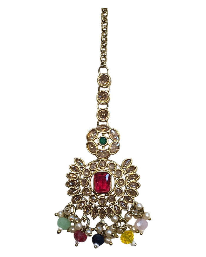 Multi Coloured - Large - Antique Gold Finish Traditional Tika Head piece - Bollywood - Weddings - PRI1773 11V24