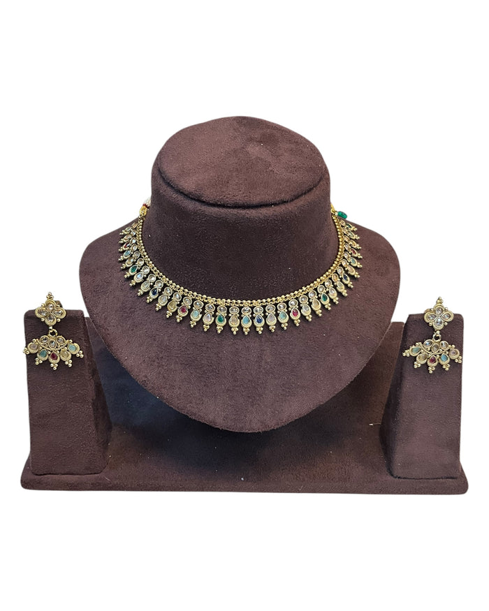 Multi Coloured - Small Size Antique Gold Finish Necklace Set with Earrings - AE2501 A 0525