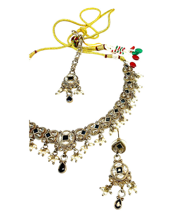 Navy Blue - Medium Size Antique Gold Finish Necklace Set with Earrings & Tika Head piece - SAJ04 08C25