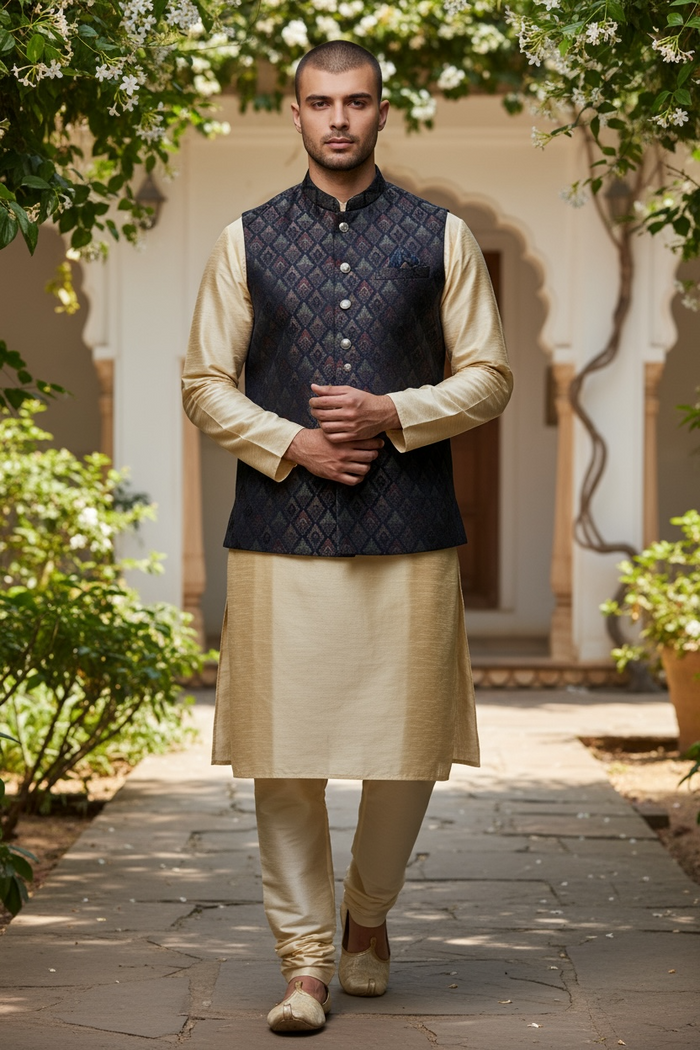 Navy Blue with Contrast Thread Brocade - Premium Mens Waistcoat - VNS-JKT15 10KJ25