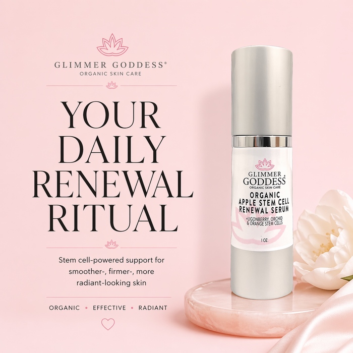Glimmer Goddess® Organic Skin Care Apple Stem Cell Anti-Aging Serum in a glass bottle, with fresh apples and botanical ingredients visible.